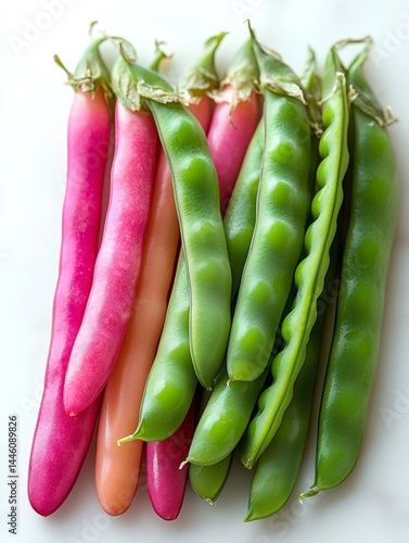 Obraz na płótnie Fresh pink and green pea pods resting on white surface w salonie