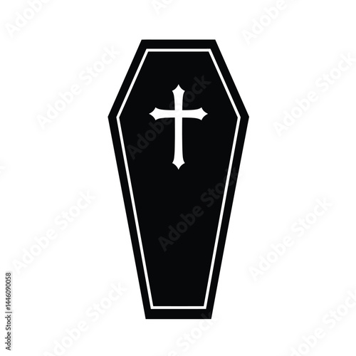 Simple vector coffin icon with cross halloween and funeral symbolism