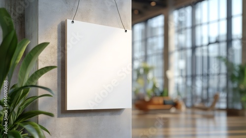 White empty frame hanging in modern office lobby