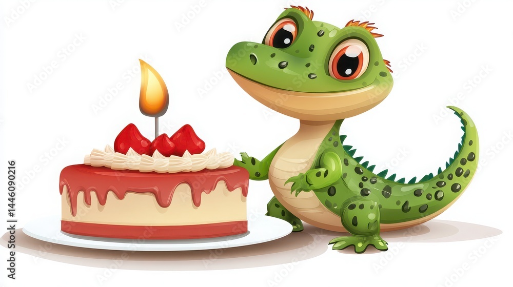 Obraz premium Cute Cartoon Lizard with Strawberry Birthday Cake