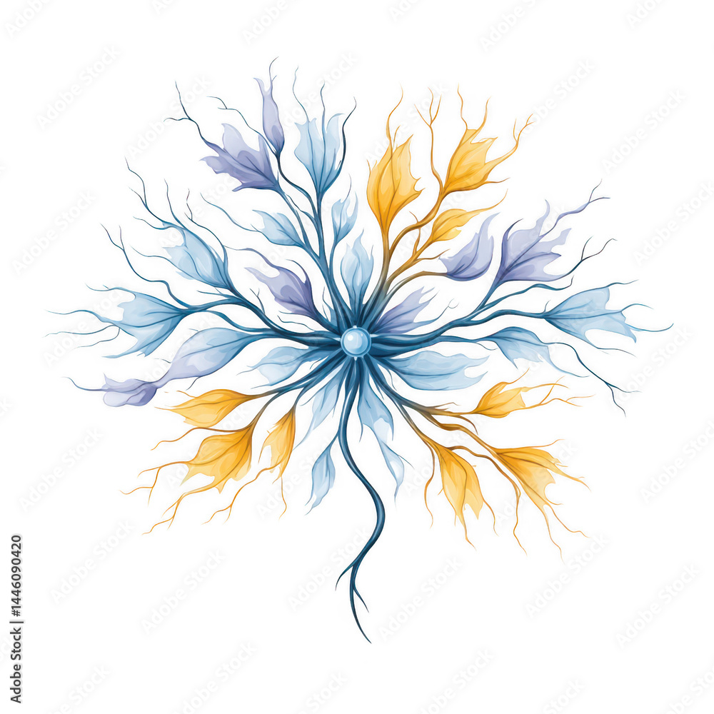 Delicate watercolor floral arrangement features blue and gold leaf design