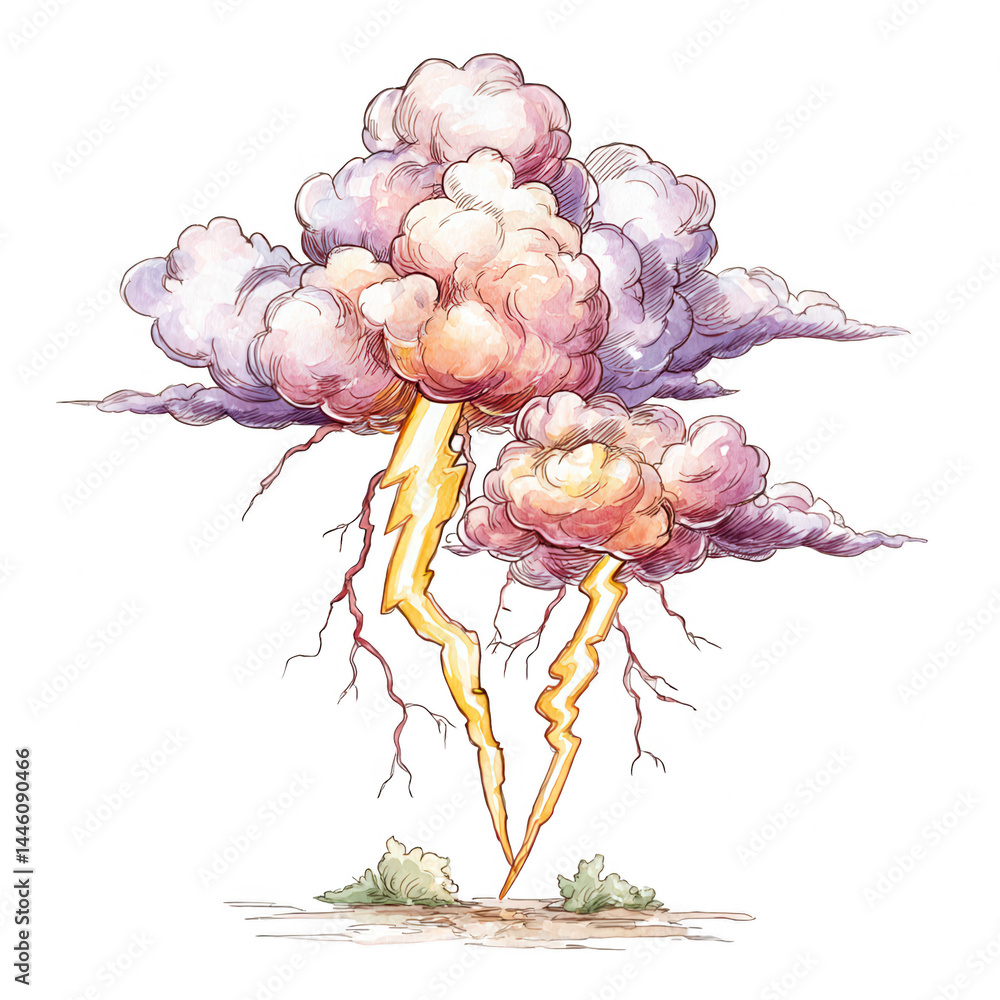 Illustrated storm clouds unleash vibrant lightning bolts toward the earth.