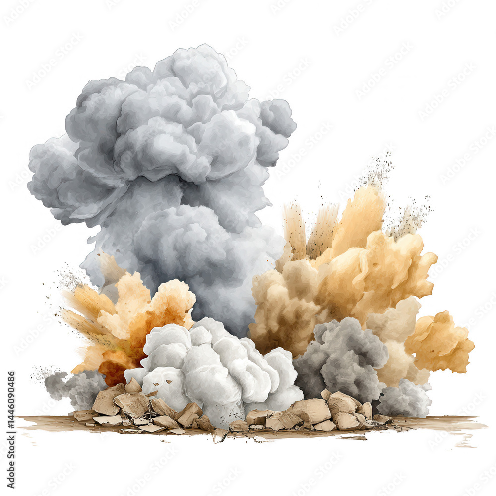 A digital rende shows a large explosion with smoke and debris on white.
