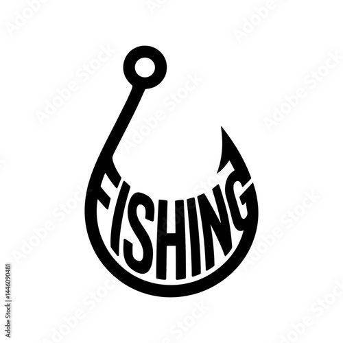 Fishing Hook Typography: A creative typographic rendering showcases the word "FISHING" meticulously shaped within a stylized fish hook silhouette, symbolizing angling and the great outdoors.