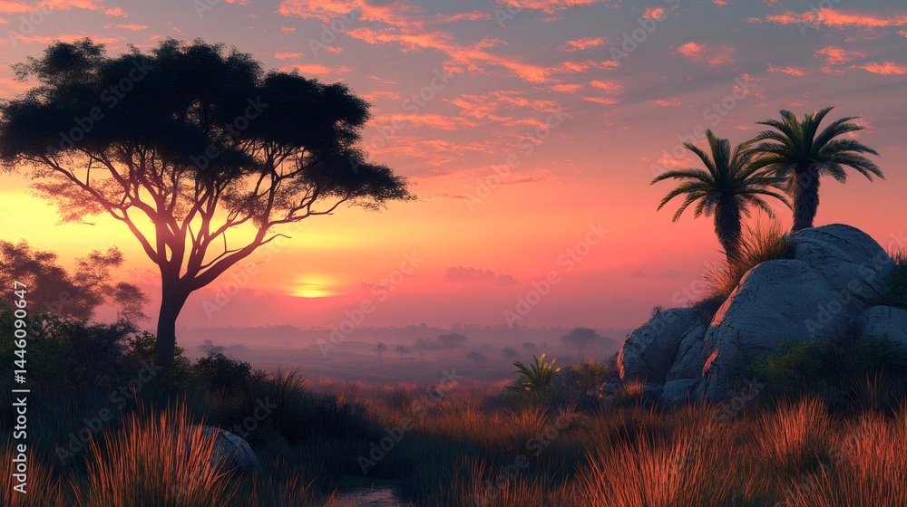 African sunset illuminating palm trees and acacia tree