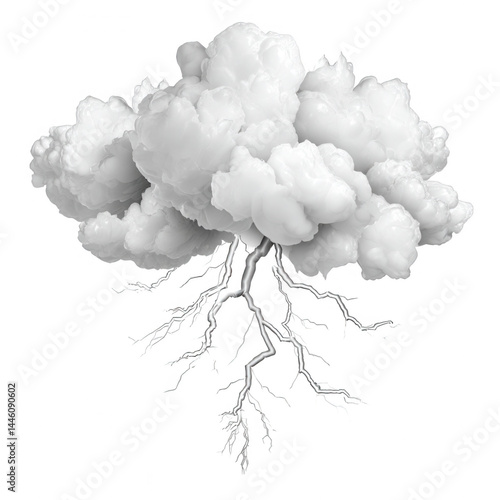 Obraz na płótnie A fluffy white cloud sends down bolts of lightning on a white background. w salonie