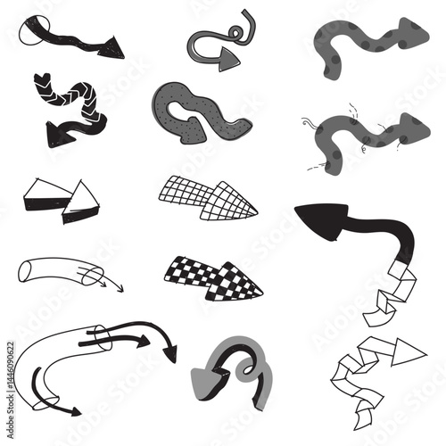 arrow set. Hand drawn arrow vector icons set. Hand drawn freehand different curved lines, swirls arrows. Sketch arrow design. Set of arrows black icons.	

