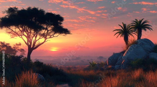 Obraz na płótnie African sunset illuminating palm trees and acacia tree w salonie