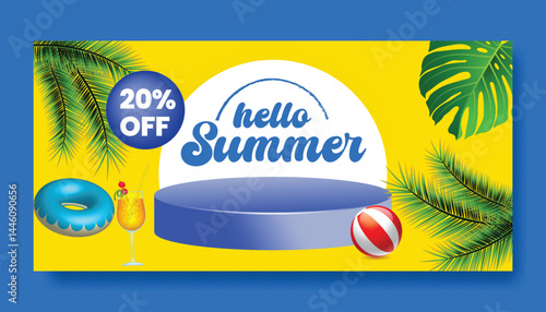 Summer sale horizontal banner vector illustration with topical leaves background. Promotional banner for website, social media banner, cover, header. beach party greeting card design with 3d podium