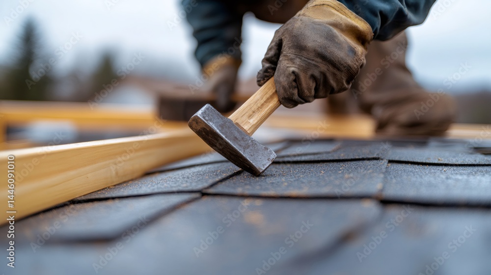 Roofer installing asphalt shingles using hammer and protective gloves on rooftop