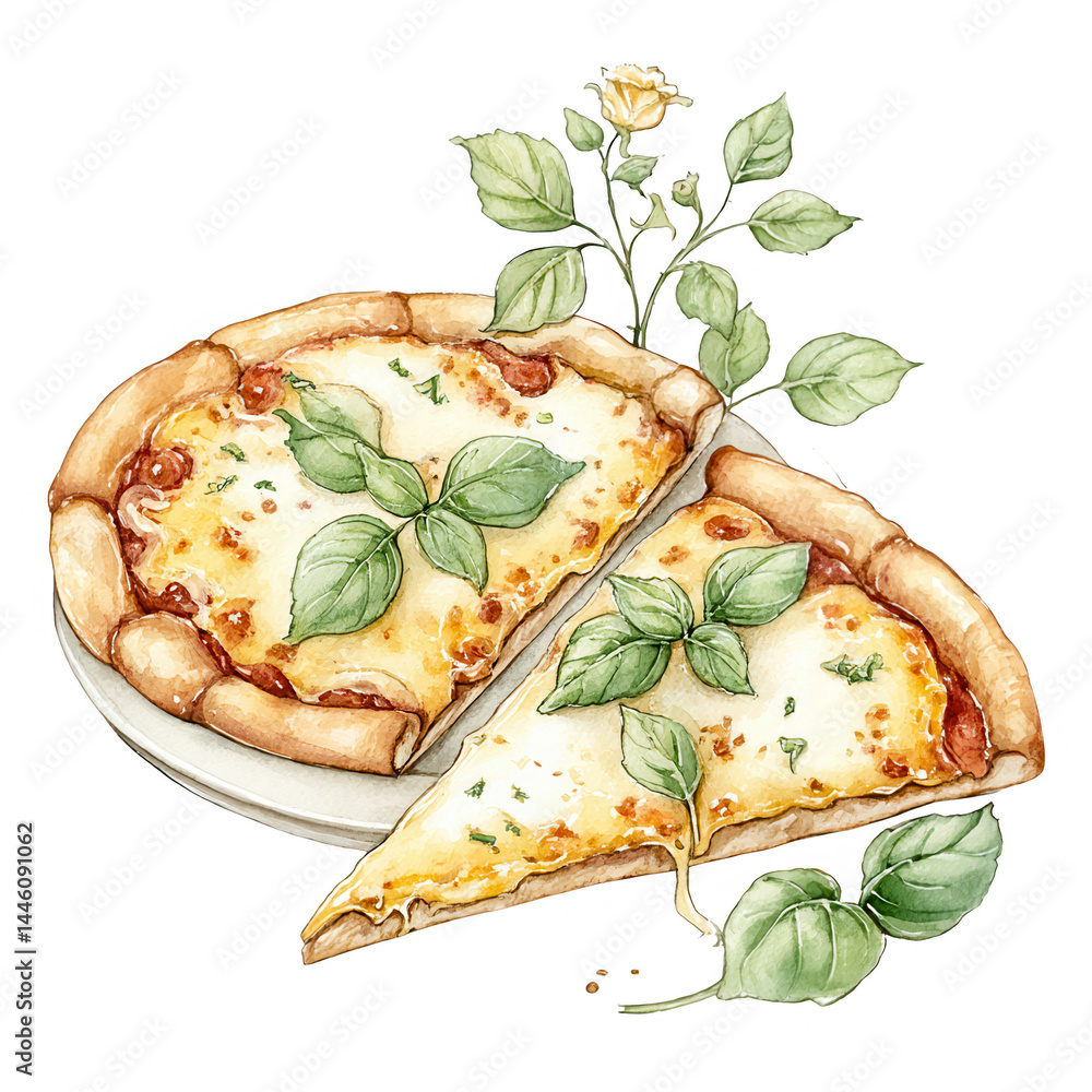 Watercolor pizza slices with basil leaves and yellow rose decoration set