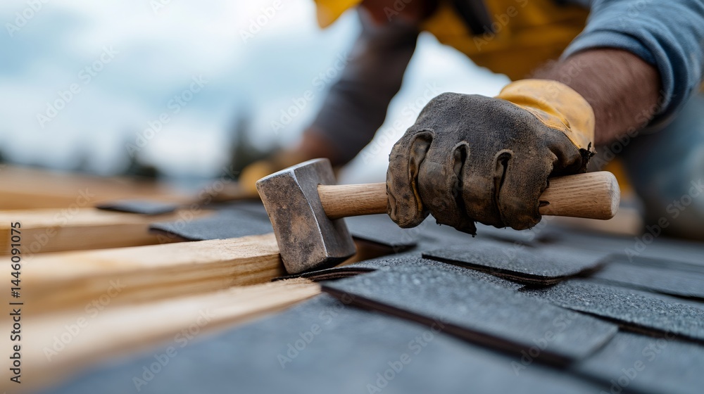 Construction worker installing asphalt shingles on roof with hammer