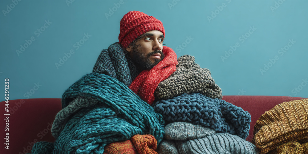 Person wrapped in knitted blankets sits on a couch against a blue wall during winter season indoors Person wrapped in knitted blankets sits on a couch against a blue wall during winter season indoors
