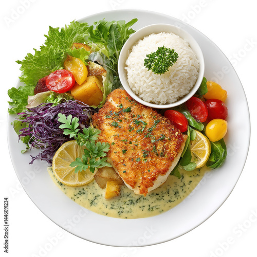 Obraz na płótnie A beautifully plated dish showcases crispy fish rice and a vibrant salad. w salonie