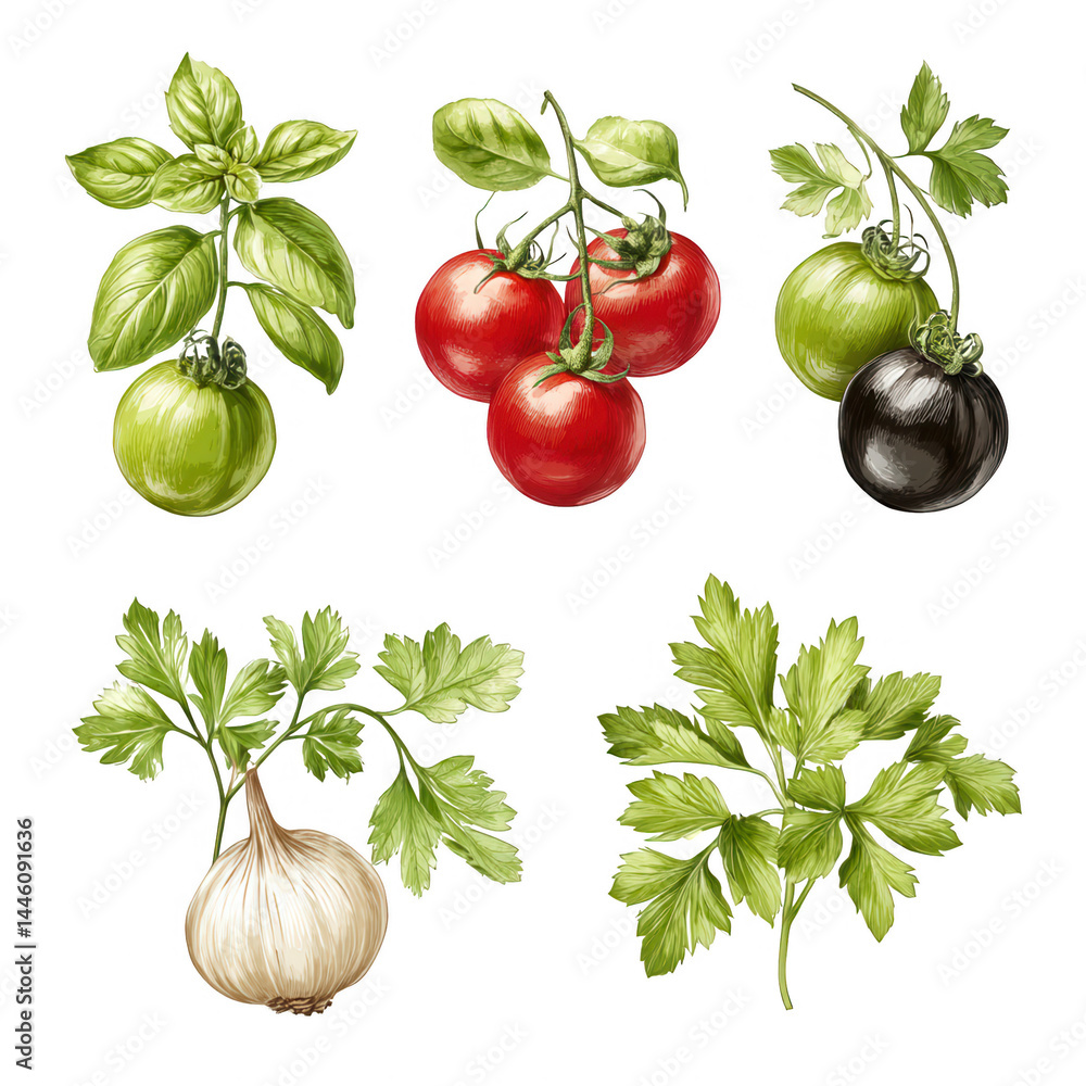 Watercolor illustration of fresh vegetables including tomatoes and basil plants