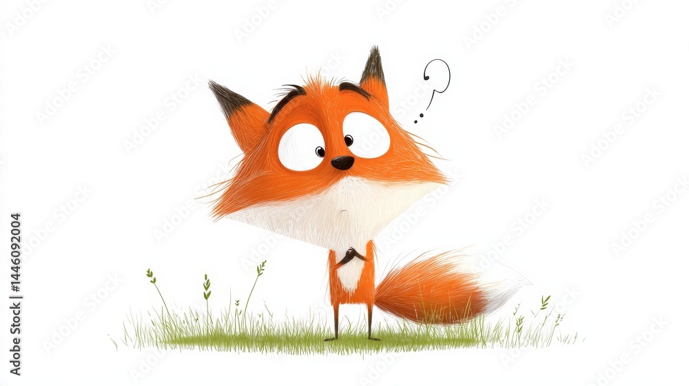 Obraz premium Playful Cartoon Illustration of a Cheerful Fox Standing in Green Grass