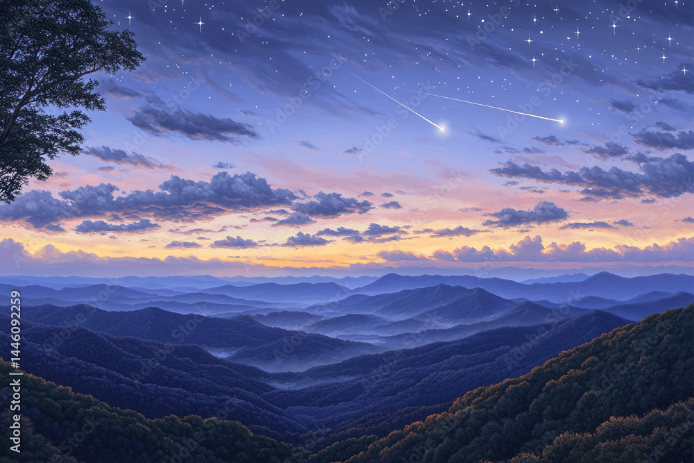 Fototapeta premium Serene sunset over layered blue mountains, shooting stars streak across a twilight sky, a tree silhouette frames the scene, evoking peace and tranquility