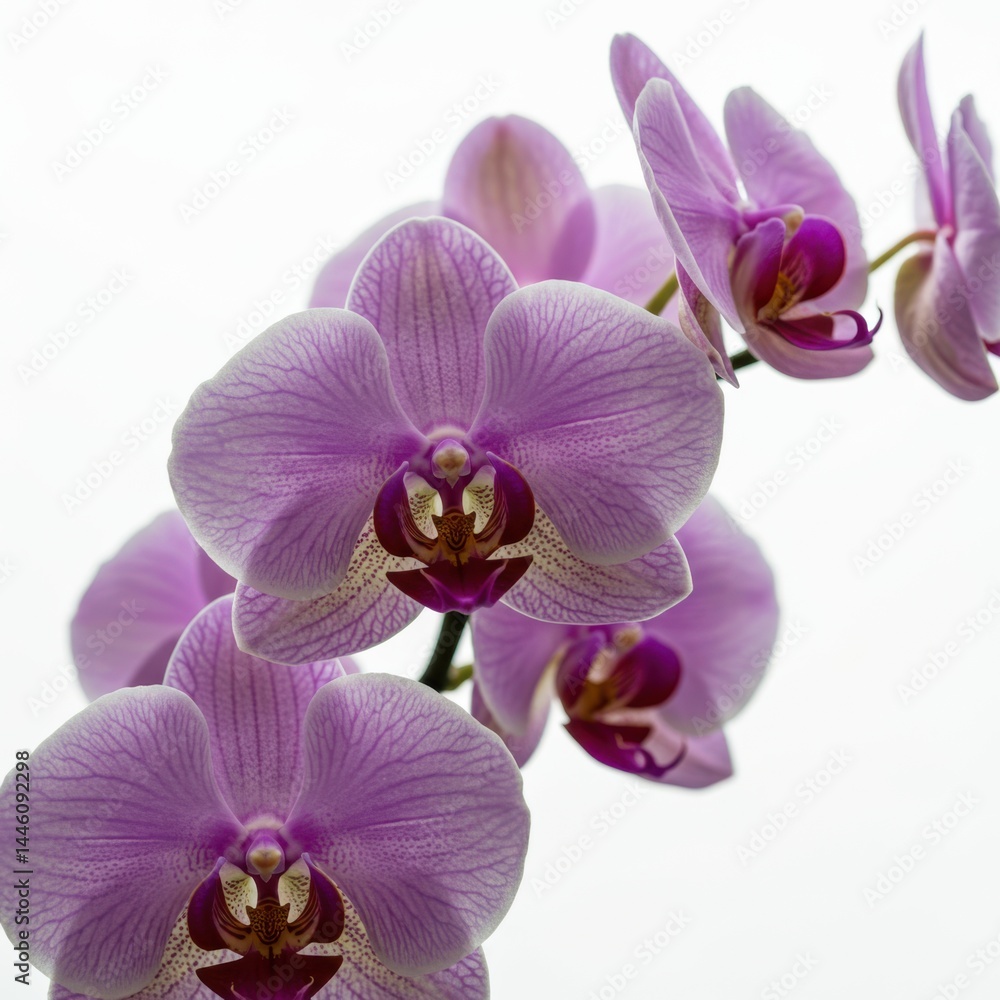 A close up of a branch of light purple orchids with dark purple centers against a white background A close up of a branch of light purple orchids with dark purple centers against a white background