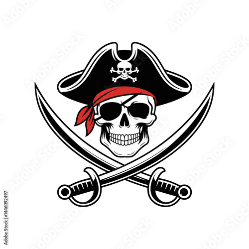 Pirate Skull and Swords: A classic illustration of a pirate skull wearing a tricorn hat and a red bandana, with crossed swords, exuding the spirit of adventure.