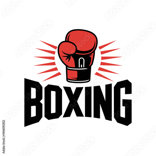 Boxing Logo Design: Bold and vibrant logo, a dynamic emblem of the sport of boxing. A striking red boxing glove is set against a backdrop of energetic rays, symbolizing strength.