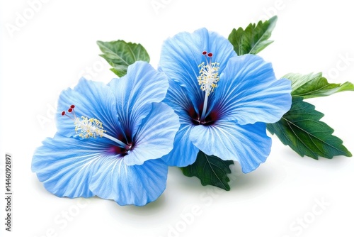 Two Delicate Blue Hibiscus Flowers with Green Leaves