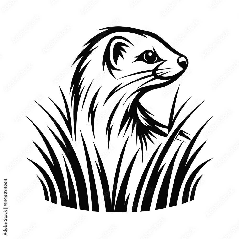 Fototapeta premium Ferret Illustration, Stylized, Black and White, Mammal Wildlife, Grass, Animal Portrait