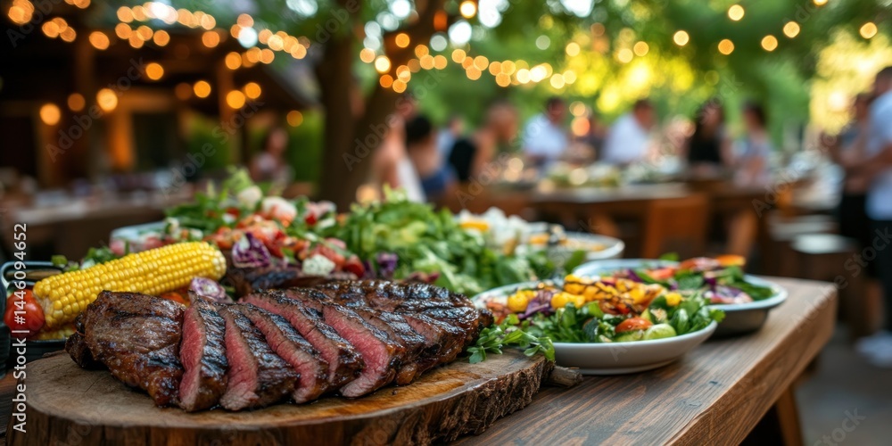 Fototapeta premium Delicious Grilled Steak and Fresh Salad at Outdoor Dinner Party