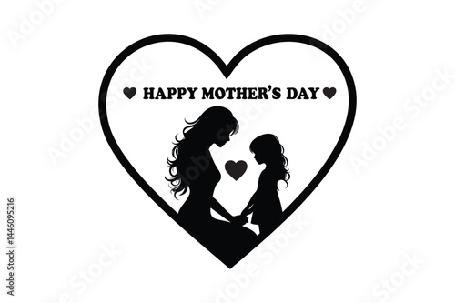 Mother and Daughter Silhouette in Heart – Happy Mother's Day Vector