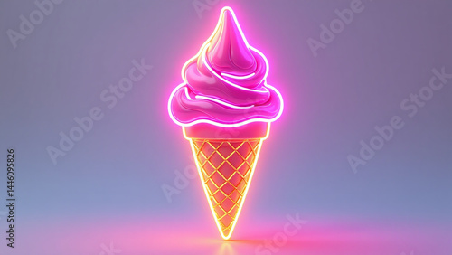 Vibrant neon pink ice cream cone with glowing purple swirls, perfect for trendy marketing campaigns, social media ads, and modern brand storytelling with copy space for text on colorful