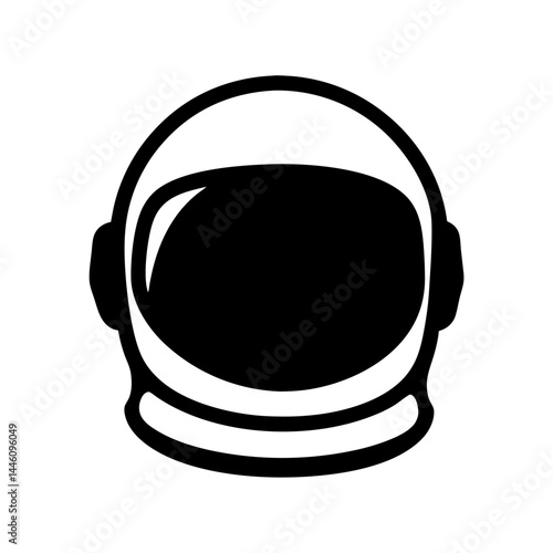 Stylized black and white illustration of an astronaut helmet with a dark visor