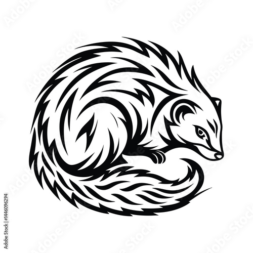 Curled Weasel Animal Silhouette Tribal Style, Wildlife, Black & White Isolated
