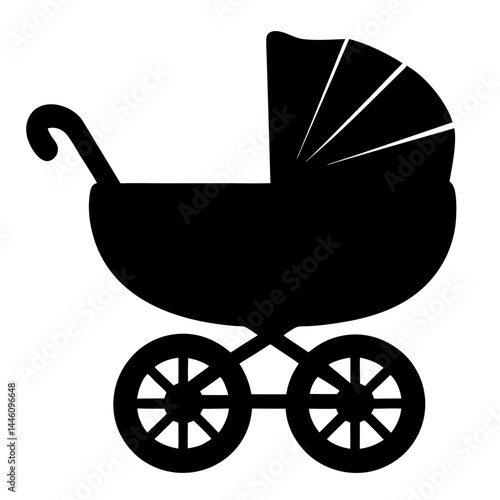 Black silhouette of a classic baby carriage or pram on white background
