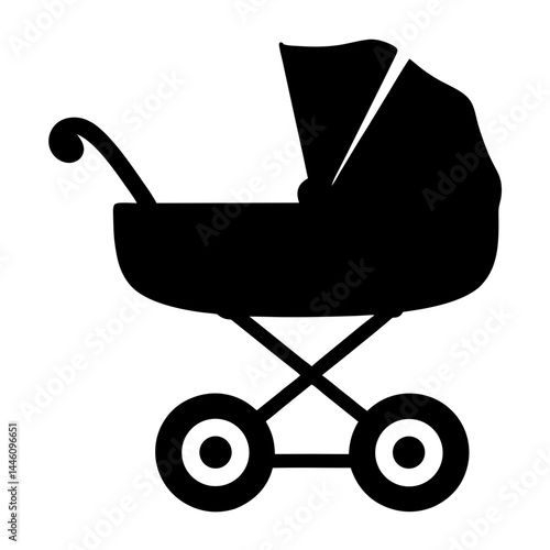 Stylized illustration of a baby stroller or pram in black and white