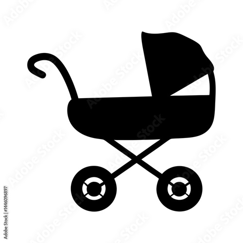 Black and white baby carriage silhouette with a distinctive design pattern