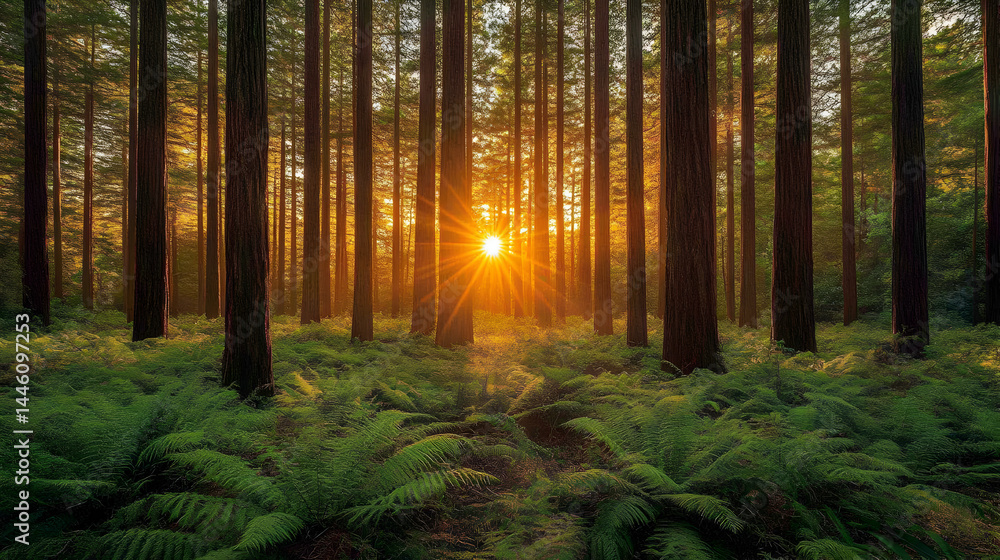 Obraz premium Sunset in a Lush Coniferous Forest