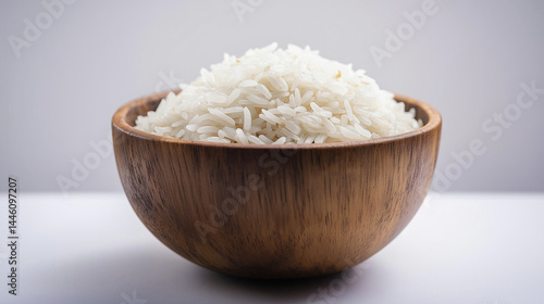 White rice in wooden bowl on white background top down view