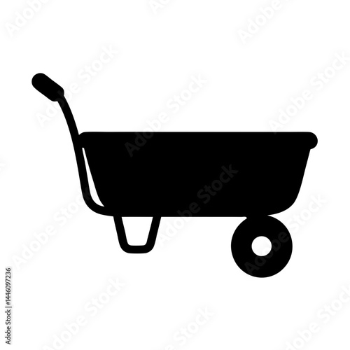 Black and white silhouette of a wheelbarrow for gardening or construction
