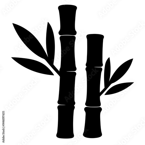 A minimalist black and white graphic of bamboo stalks and leaves