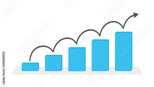 Ascending bar chart.. Five blue bars increasing in height with a bouncing black arrow indicating upward progress.
