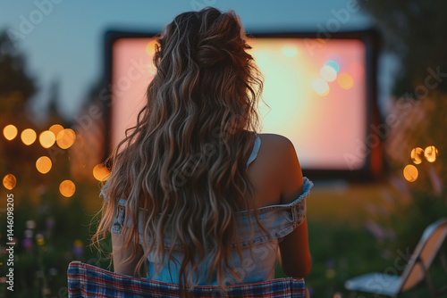 Enjoy the delightful evening under stars at outdoor cinema, where you can relax and unwind while watching your favorite movies on big screen, surrounded by beauty of nature Plus, with copy space avail