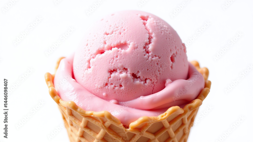 Strawberry ice cream in waffle cone, Rich creamy texture and soft pink hue, Summery treat with realistic details, Isolated on a transparent background Strawberry ice cream in waffle cone, Rich creamy texture and soft pink hue, Summery treat with realistic details, Isolated on a transparent background
