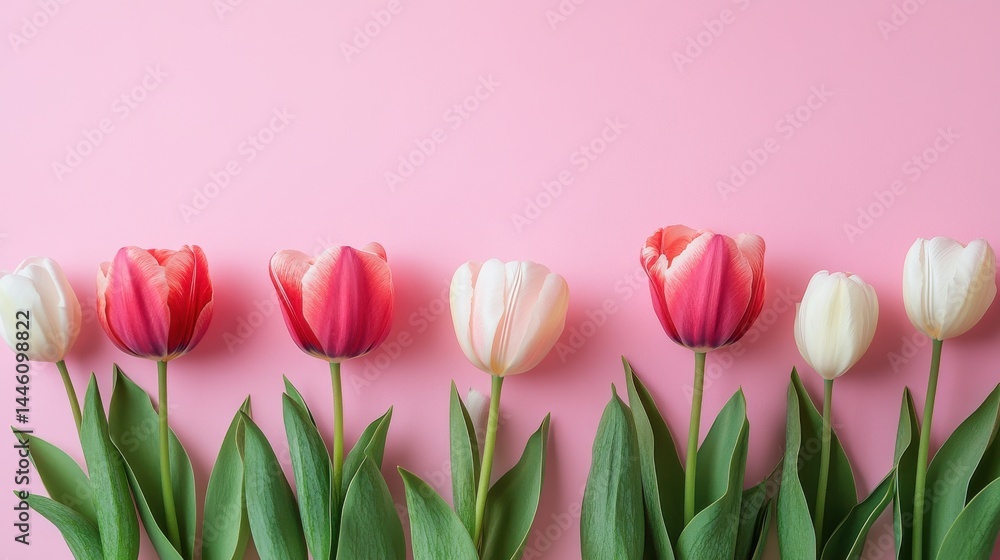 A row of pink and white tulips with green leaves against a solid pink background. A row of pink and white tulips with green leaves against a solid pink background.