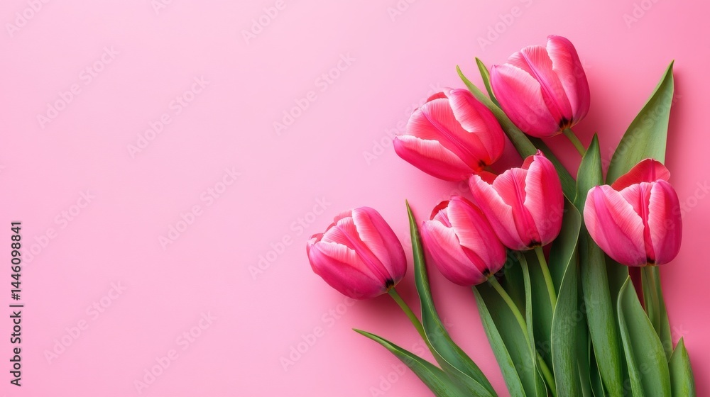 A row of pink and white tulips with green leaves against a solid pink background. A row of pink and white tulips with green leaves against a solid pink background.