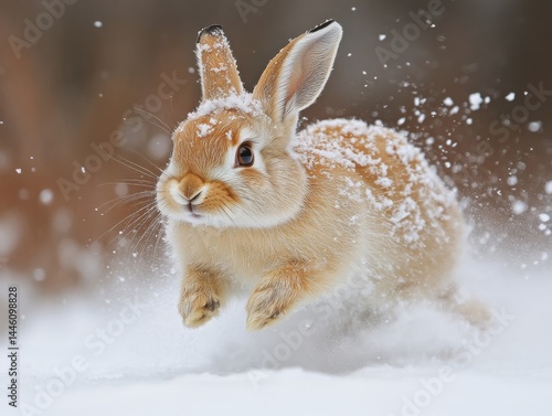 A Winter Wonderland Dash: A Golden Rabbit Leaps Through the Snow, Flurry of White in a Motion Blur, Eyes Focused, Ears Alert, Pure Joy in Winter Landscape.