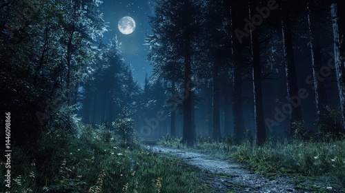 Moonlit path through a dense forest at night.