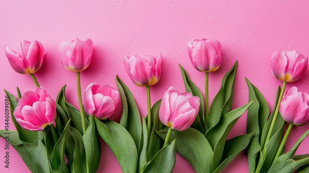 A row of pink and white tulips with green leaves against a solid pink background. A row of pink and white tulips with green leaves against a solid pink background.