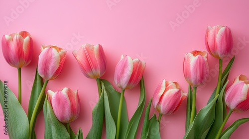 A row of pink and white tulips with green leaves against a solid pink background.