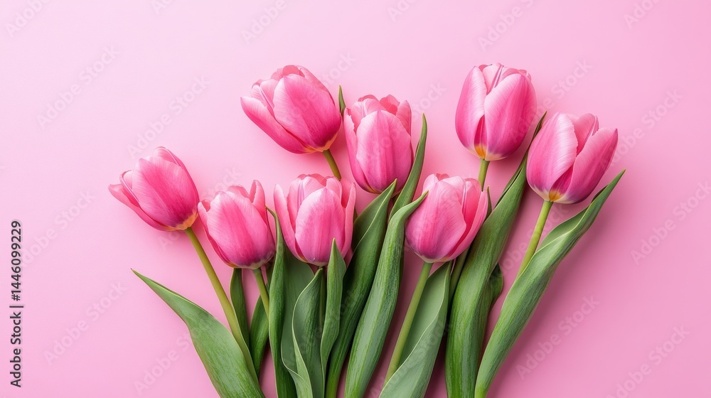 A row of pink and white tulips with green leaves against a solid pink background. A row of pink and white tulips with green leaves against a solid pink background.