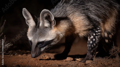Nocturnal Bat-eared Fox Foraging in Low Light, Dramatic Close-up
