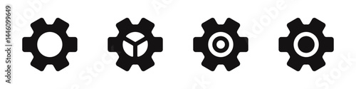 Gear icons set. Simple black gear wheel collection, cogwheel, setting, mechanism, progress or construction concept. Vector illustration.
